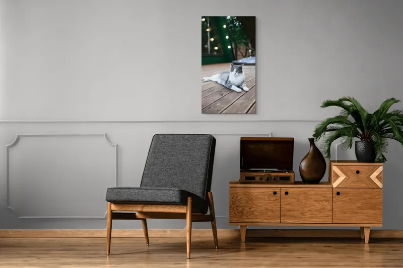 Tablou Canvas, "Pisica relaxată pe terasă de lemn", Pisică, Relaxare, Terasă, Lumină, Seară, Verde, Blană, Ochii, Odihnă, Calm, Lemn, Triunghi., 50 x 90 cm – poza 8