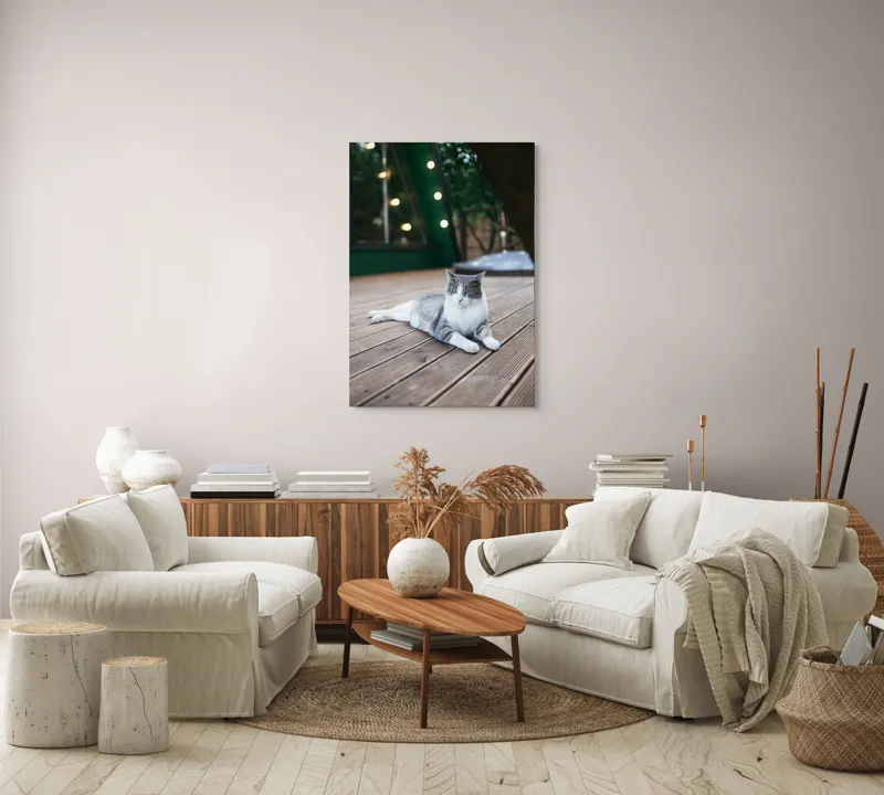 Tablou Canvas, "Pisica relaxată pe terasă de lemn", Pisică, Relaxare, Terasă, Lumină, Seară, Verde, Blană, Ochii, Odihnă, Calm, Lemn, Triunghi., 70 x 100 cm – poza 4