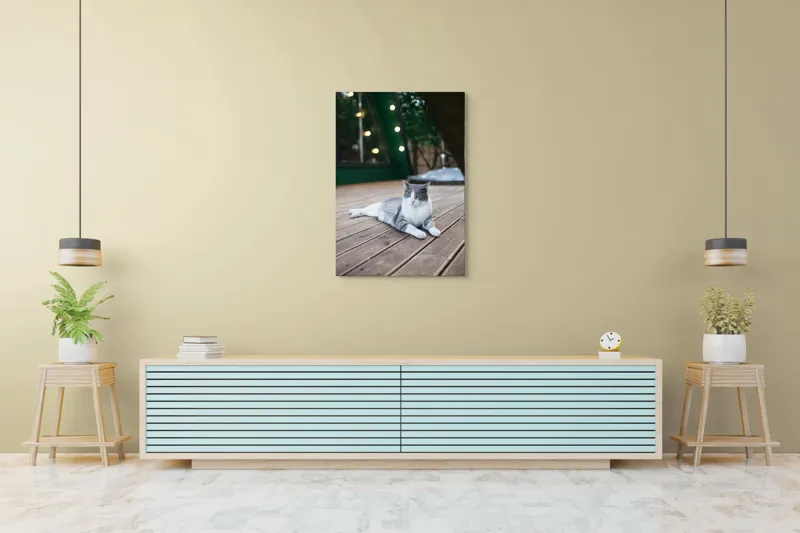 Tablou Canvas, "Pisica relaxată pe terasă de lemn", Pisică, Relaxare, Terasă, Lumină, Seară, Verde, Blană, Ochii, Odihnă, Calm, Lemn, Triunghi., 70 x 100 cm – poza 5