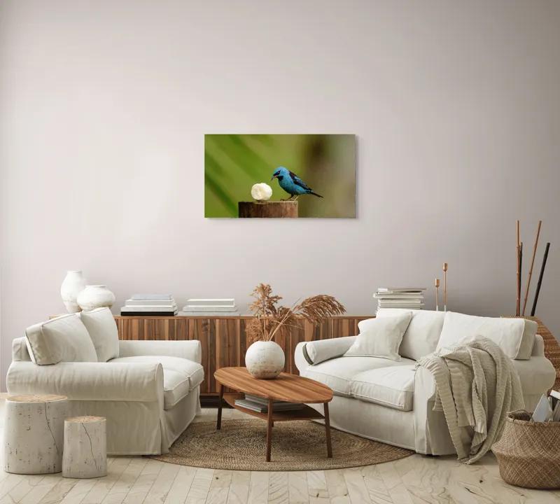 Tablou Canvas, "Pasărea albastră degustând banană", Pasăre, Albastră, Banana, Lemn, Verde, Natural, Contrast, Delicat, Observare, 90 x 50 cm – poza 4