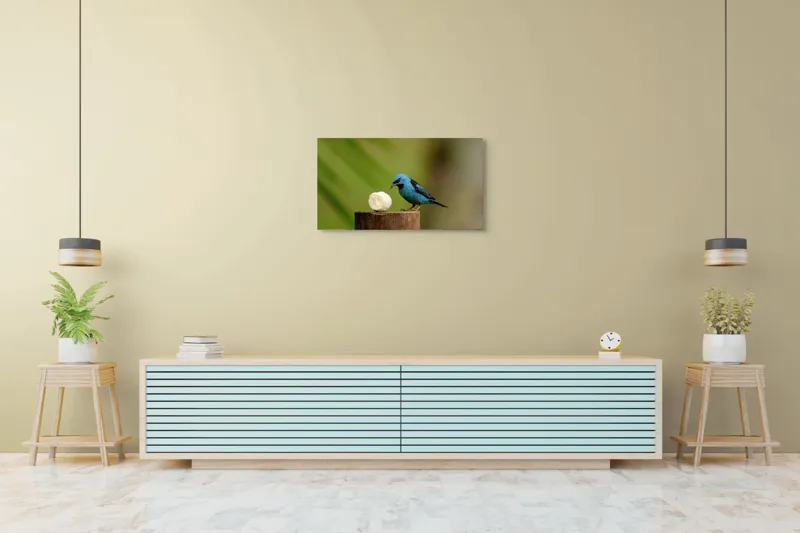 Tablou Canvas, "Pasărea albastră degustând banană", Pasăre, Albastră, Banana, Lemn, Verde, Natural, Contrast, Delicat, Observare, 90 x 50 cm – poza 5