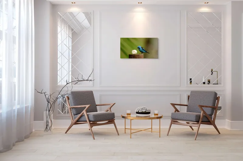 Tablou Canvas, "Pasărea albastră degustând banană", Pasăre, Albastră, Banana, Lemn, Verde, Natural, Contrast, Delicat, Observare, 90 x 50 cm – poza 7