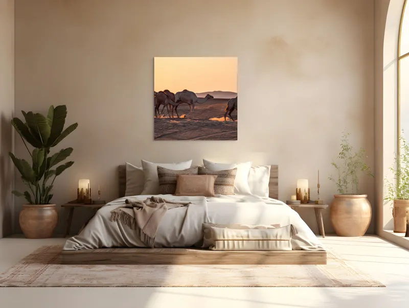 Tablou Canvas, "Caravana cămilelor în deșertul arămiu", Deșert, Cămile, Apus, Nisip, Linie, 100 x 100 cm – poza 4