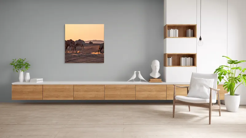 Tablou Canvas, "Caravana cămilelor în deșertul arămiu", Deșert, Cămile, Apus, Nisip, Linie, 100 x 100 cm – poza 8
