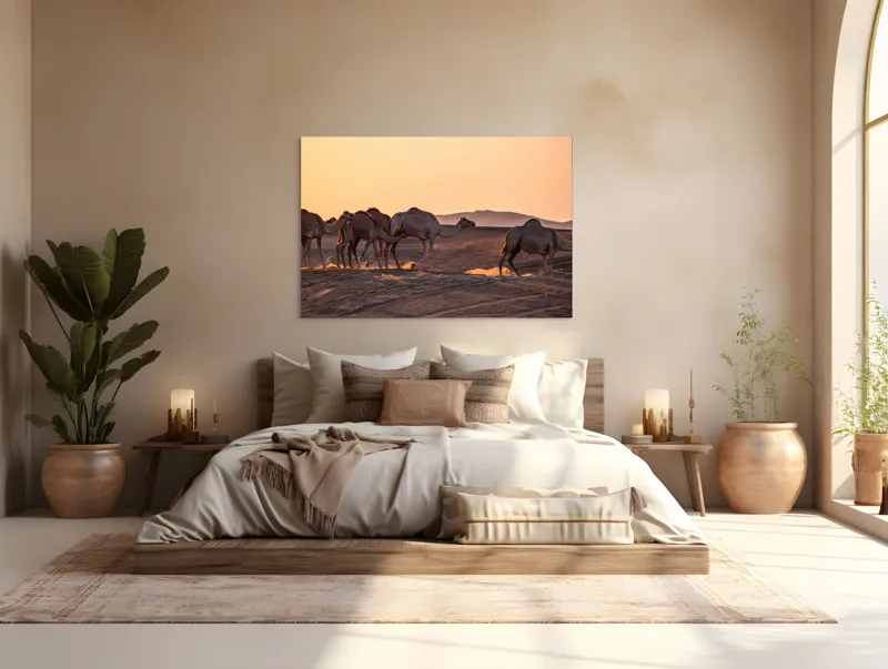 Tablou Canvas, "Caravana cămilelor în deșertul arămiu", Deșert, Cămile, Apus, Nisip, Linie, 150 x 100 cm – poza 4