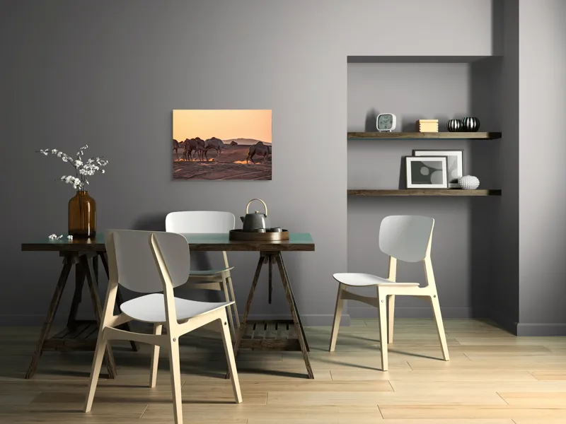 Tablou Canvas, "Caravana cămilelor în deșertul arămiu", Deșert, Cămile, Apus, Nisip, Linie, 70 x 50 cm – poza 5