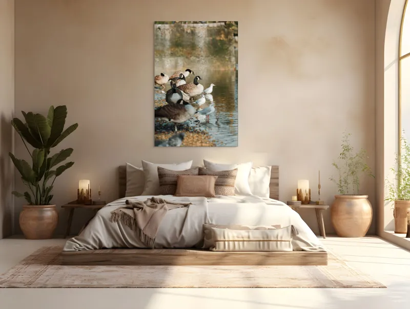 Tablou Canvas, "Gâște și pescăruși pe malul lacului", Gâște, Rățuște, Apă, Mal, Penaj, Natură, Reflecții, Culoare, Liniște, Peisaj., 100 x 150 cm – poza 3