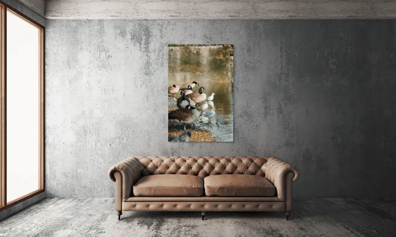 Tablou Canvas, "Gâște și pescăruși pe malul lacului", Gâște, Rățuște, Apă, Mal, Penaj, Natură, Reflecții, Culoare, Liniște, Peisaj., 100 x 150 cm – poza 6