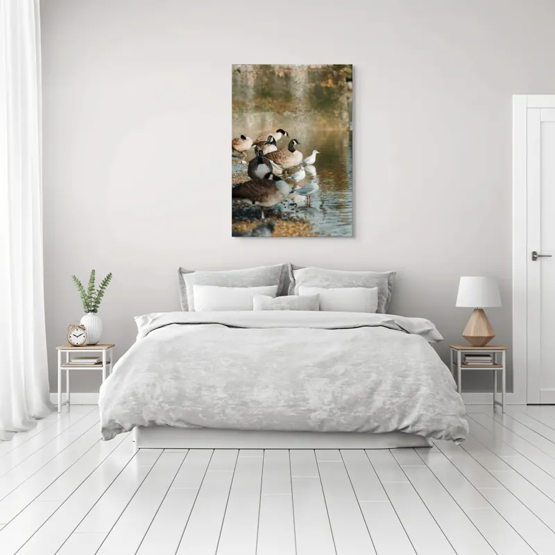 Tablou Canvas, "Gâște și pescăruși pe malul lacului", Gâște, Rățuște, Apă, Mal, Penaj, Natură, Reflecții, Culoare, Liniște, Peisaj., 70 x 100 cm – poza 3