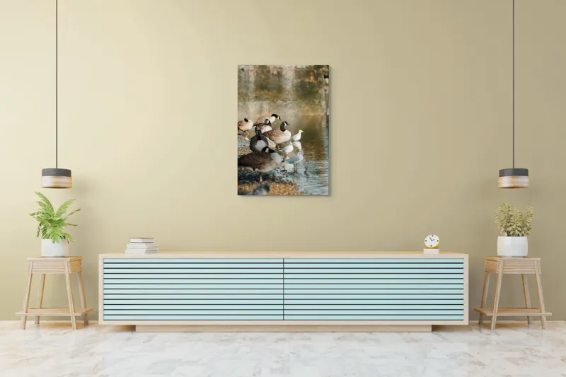 Tablou Canvas, "Gâște și pescăruși pe malul lacului", Gâște, Rățuște, Apă, Mal, Penaj, Natură, Reflecții, Culoare, Liniște, Peisaj., 70 x 100 cm – poza 5