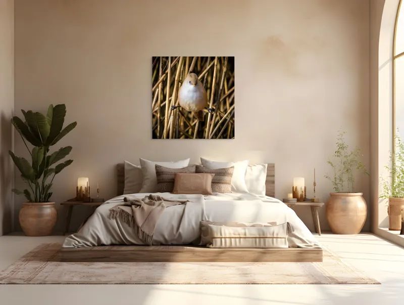 Tablou Canvas, "Pasărea echilibristă în stufărișul de toamnă", Puf, Pene, Bețe, Echilibru, Natură, Delicat, Culoare, Lumină, 100 x 100 cm – poza 4