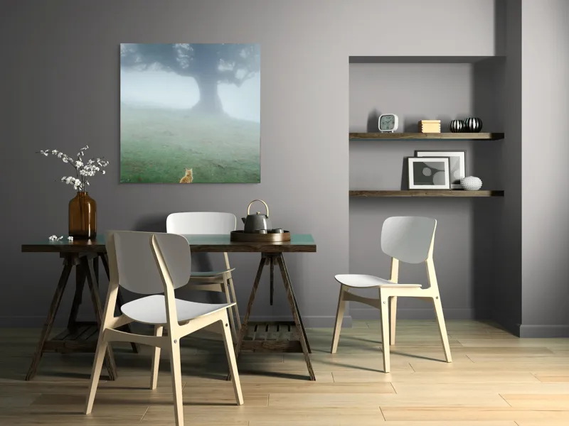 Tablou Canvas, "Pisica în fața copacului în ceață", Mister, Singurătate, Pisică, Copac, Ceață, Tranquilitate, Peisaj, Verde, Atmosferic, Contemplare, 100 x 100 cm – poza 6