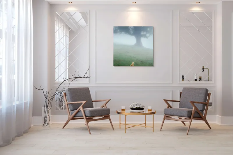 Tablou Canvas, "Pisica în fața copacului în ceață", Mister, Singurătate, Pisică, Copac, Ceață, Tranquilitate, Peisaj, Verde, Atmosferic, Contemplare, 100 x 100 cm – poza 7