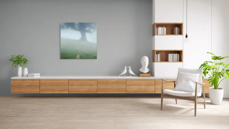 Tablou Canvas, "Pisica în fața copacului în ceață", Mister, Singurătate, Pisică, Copac, Ceață, Tranquilitate, Peisaj, Verde, Atmosferic, Contemplare, 100 x 100 cm – poza 8
