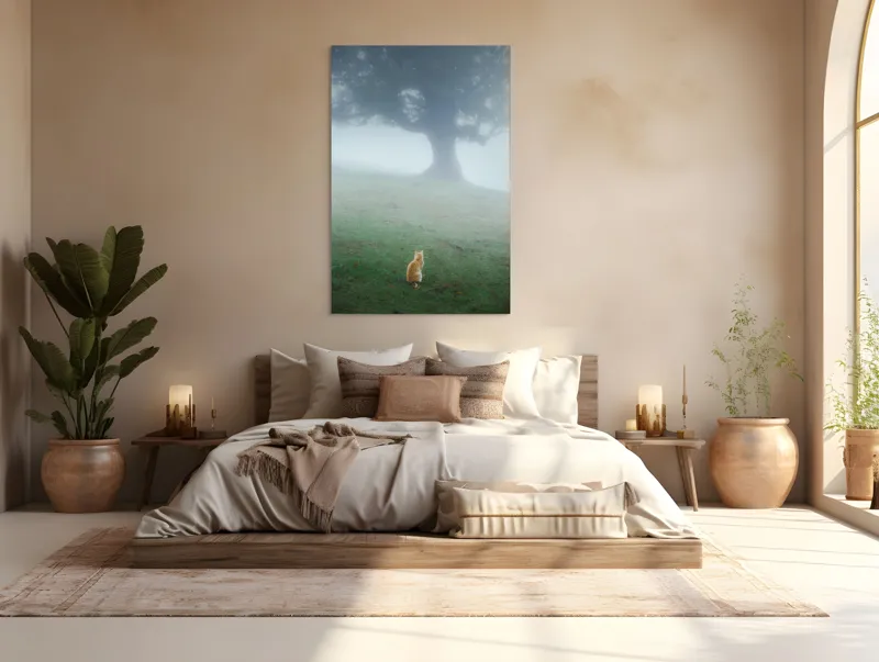 Tablou Canvas, "Pisica în fața copacului în ceață", Mister, Singurătate, Pisică, Copac, Ceață, Tranquilitate, Peisaj, Verde, Atmosferic, Contemplare, 100 x 150 cm – poza 3