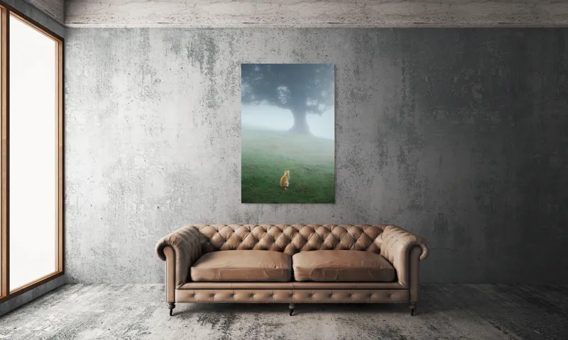 Tablou Canvas, "Pisica în fața copacului în ceață", Mister, Singurătate, Pisică, Copac, Ceață, Tranquilitate, Peisaj, Verde, Atmosferic, Contemplare, 100 x 150 cm – poza 6