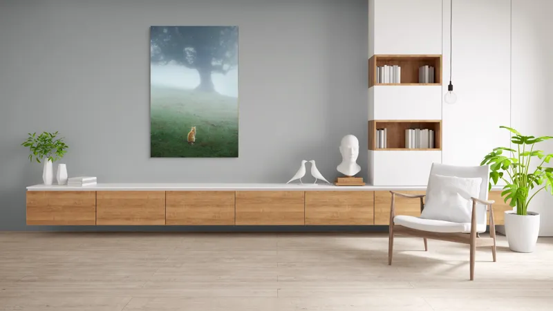 Tablou Canvas, "Pisica în fața copacului în ceață", Mister, Singurătate, Pisică, Copac, Ceață, Tranquilitate, Peisaj, Verde, Atmosferic, Contemplare, 100 x 150 cm – poza 8