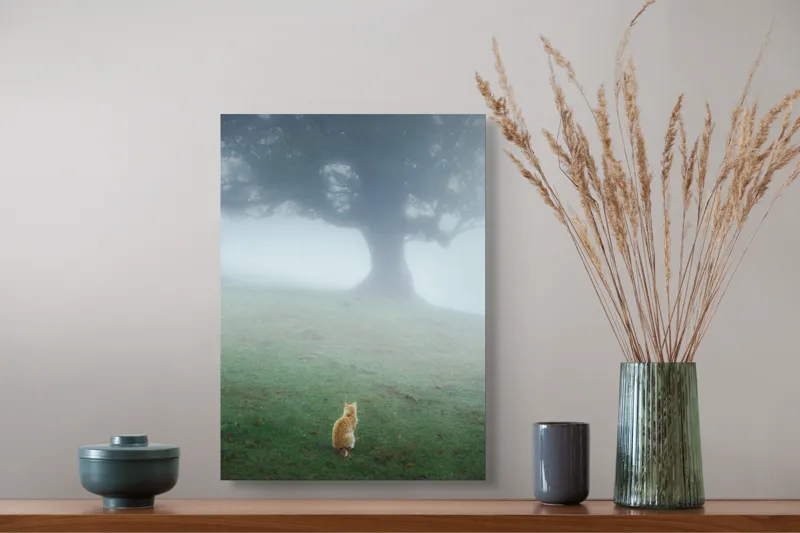 Tablou Canvas, "Pisica în fața copacului în ceață", Mister, Singurătate, Pisică, Copac, Ceață, Tranquilitate, Peisaj, Verde, Atmosferic, Contemplare, 39 x 54 cm – poza 3