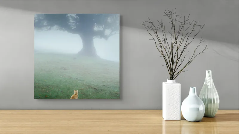 Tablou Canvas, "Pisica în fața copacului în ceață", Mister, Singurătate, Pisică, Copac, Ceață, Tranquilitate, Peisaj, Verde, Atmosferic, Contemplare, 50 x 50 cm – poza 3