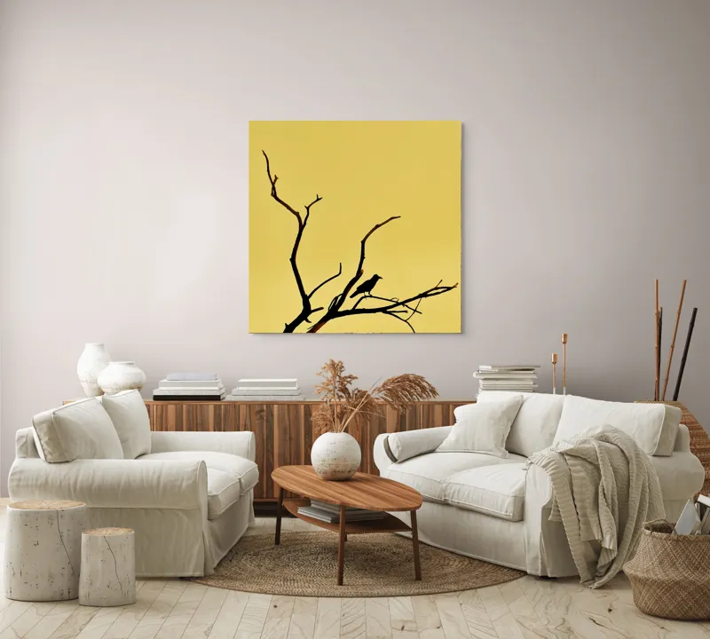 Tablou Canvas, "Corbul solitar pe ramură uscată", Negru, Ramură, Siluetă, Păsăre, Cer, Galben, Contrast, Minimalism, Natură, Apus, 100 x 100 cm – poza 3