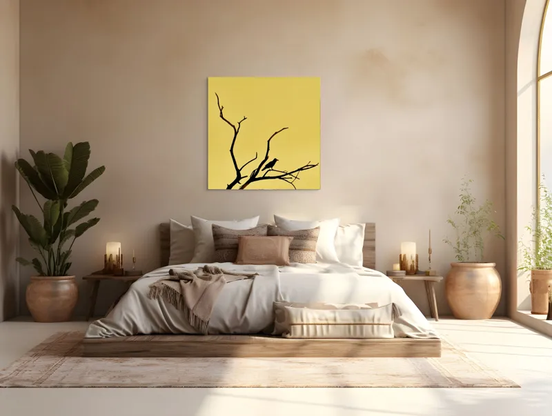 Tablou Canvas, "Corbul solitar pe ramură uscată", Negru, Ramură, Siluetă, Păsăre, Cer, Galben, Contrast, Minimalism, Natură, Apus, 100 x 100 cm – poza 4