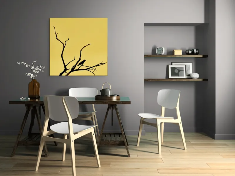 Tablou Canvas, "Corbul solitar pe ramură uscată", Negru, Ramură, Siluetă, Păsăre, Cer, Galben, Contrast, Minimalism, Natură, Apus, 100 x 100 cm – poza 6