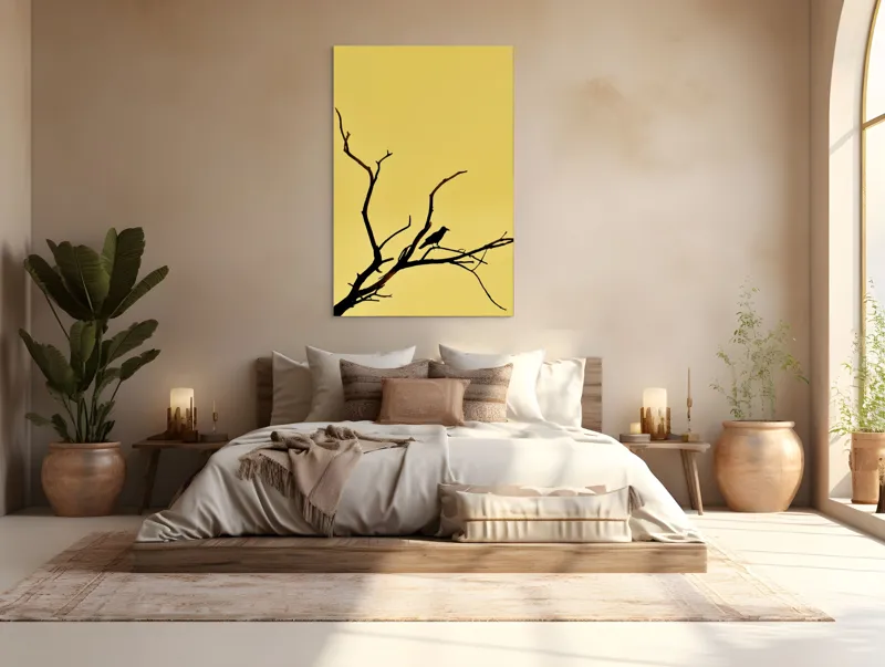 Tablou Canvas, "Corbul solitar pe ramură uscată", Negru, Ramură, Siluetă, Păsăre, Cer, Galben, Contrast, Minimalism, Natură, Apus, 100 x 150 cm – poza 3
