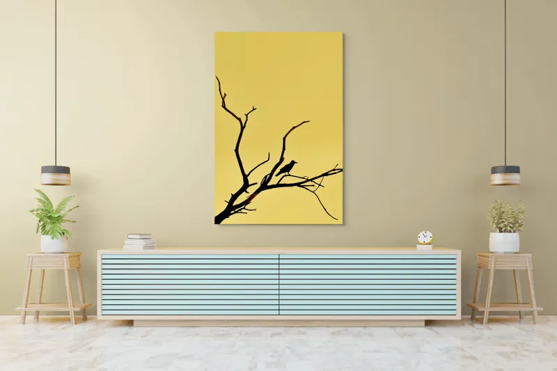 Tablou Canvas, "Corbul solitar pe ramură uscată", Negru, Ramură, Siluetă, Păsăre, Cer, Galben, Contrast, Minimalism, Natură, Apus, 100 x 150 cm – poza 4