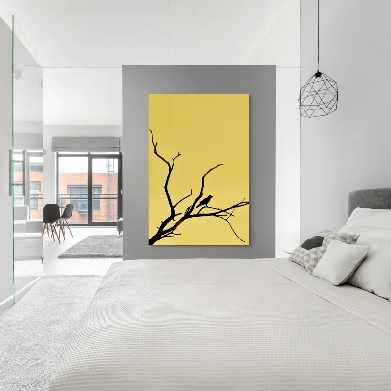 Tablou Canvas, "Corbul solitar pe ramură uscată", Negru, Ramură, Siluetă, Păsăre, Cer, Galben, Contrast, Minimalism, Natură, Apus, 100 x 150 cm – poza 5