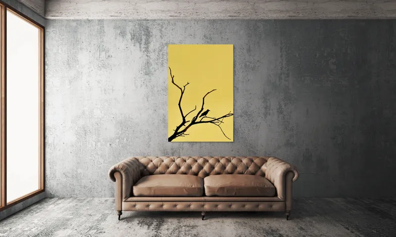 Tablou Canvas, "Corbul solitar pe ramură uscată", Negru, Ramură, Siluetă, Păsăre, Cer, Galben, Contrast, Minimalism, Natură, Apus, 100 x 150 cm – poza 6