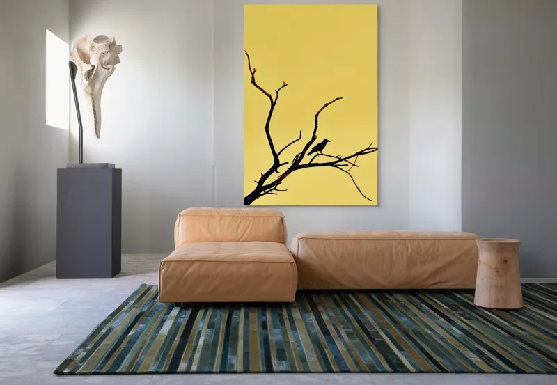 Tablou Canvas, "Corbul solitar pe ramură uscată", Negru, Ramură, Siluetă, Păsăre, Cer, Galben, Contrast, Minimalism, Natură, Apus, 100 x 150 cm – poza 7