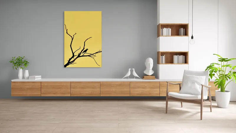 Tablou Canvas, "Corbul solitar pe ramură uscată", Negru, Ramură, Siluetă, Păsăre, Cer, Galben, Contrast, Minimalism, Natură, Apus, 100 x 150 cm – poza 8