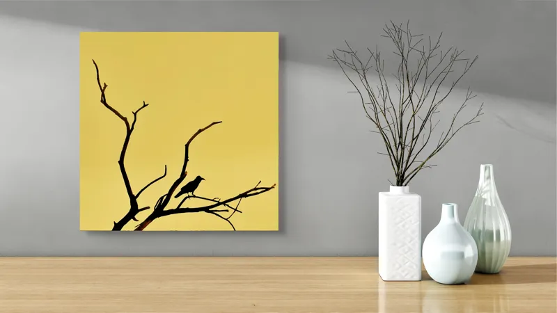 Tablou Canvas, "Corbul solitar pe ramură uscată", Negru, Ramură, Siluetă, Păsăre, Cer, Galben, Contrast, Minimalism, Natură, Apus, 50 x 50 cm – poza 3