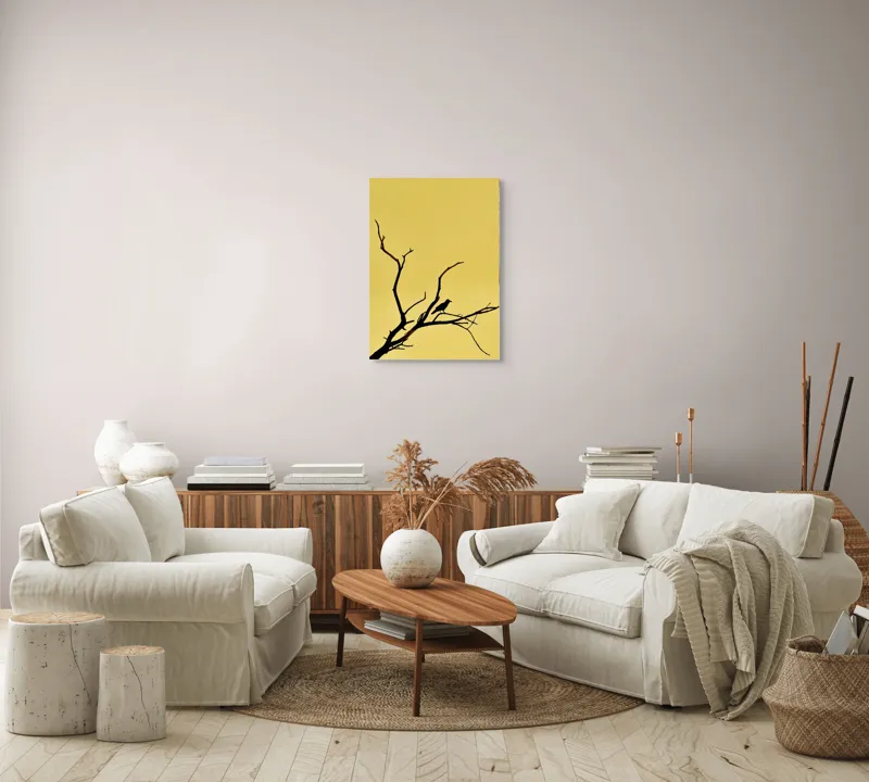 Tablou Canvas, "Corbul solitar pe ramură uscată", Negru, Ramură, Siluetă, Păsăre, Cer, Galben, Contrast, Minimalism, Natură, Apus, 50 x 70 cm – poza 4