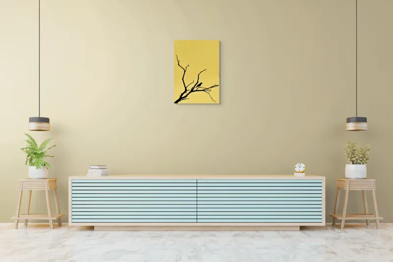 Tablou Canvas, "Corbul solitar pe ramură uscată", Negru, Ramură, Siluetă, Păsăre, Cer, Galben, Contrast, Minimalism, Natură, Apus, 50 x 70 cm – poza 6