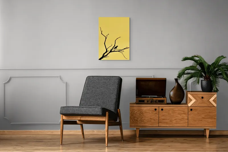 Tablou Canvas, "Corbul solitar pe ramură uscată", Negru, Ramură, Siluetă, Păsăre, Cer, Galben, Contrast, Minimalism, Natură, Apus, 50 x 70 cm – poza 8