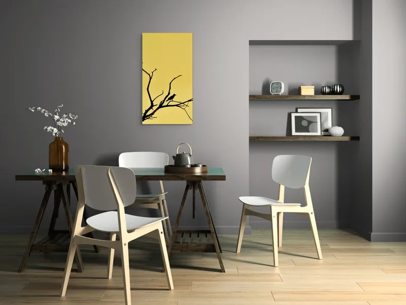 Tablou Canvas, "Corbul solitar pe ramură uscată", Negru, Ramură, Siluetă, Păsăre, Cer, Galben, Contrast, Minimalism, Natură, Apus, 50 x 90 cm – poza 4