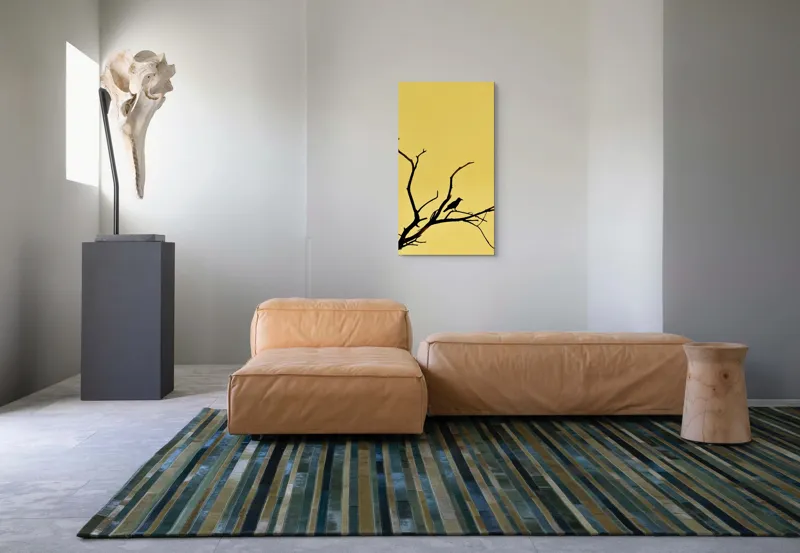 Tablou Canvas, "Corbul solitar pe ramură uscată", Negru, Ramură, Siluetă, Păsăre, Cer, Galben, Contrast, Minimalism, Natură, Apus, 50 x 90 cm – poza 5