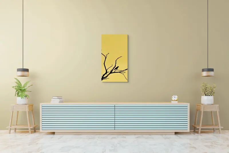 Tablou Canvas, "Corbul solitar pe ramură uscată", Negru, Ramură, Siluetă, Păsăre, Cer, Galben, Contrast, Minimalism, Natură, Apus, 50 x 90 cm – poza 6
