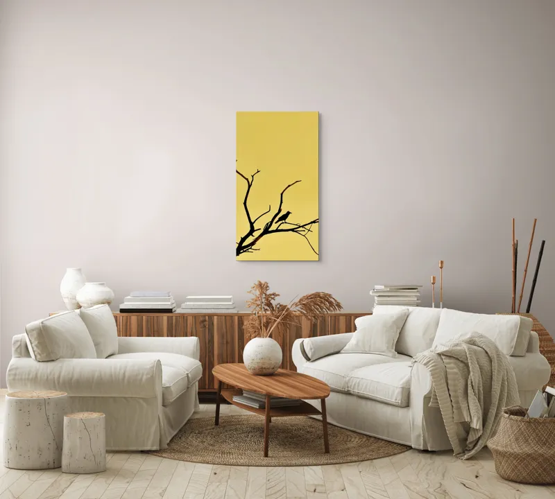 Tablou Canvas, "Corbul solitar pe ramură uscată", Negru, Ramură, Siluetă, Păsăre, Cer, Galben, Contrast, Minimalism, Natură, Apus, 50 x 90 cm – poza 7