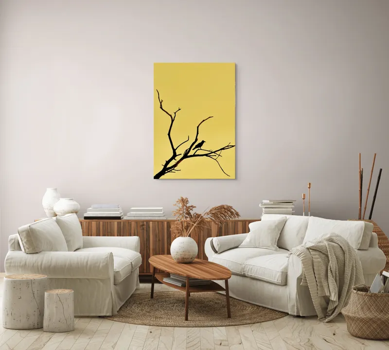 Tablou Canvas, "Corbul solitar pe ramură uscată", Negru, Ramură, Siluetă, Păsăre, Cer, Galben, Contrast, Minimalism, Natură, Apus, 70 x 100 cm – poza 4