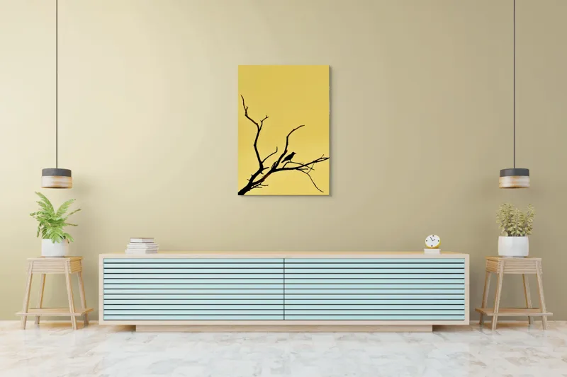 Tablou Canvas, "Corbul solitar pe ramură uscată", Negru, Ramură, Siluetă, Păsăre, Cer, Galben, Contrast, Minimalism, Natură, Apus, 70 x 100 cm – poza 5