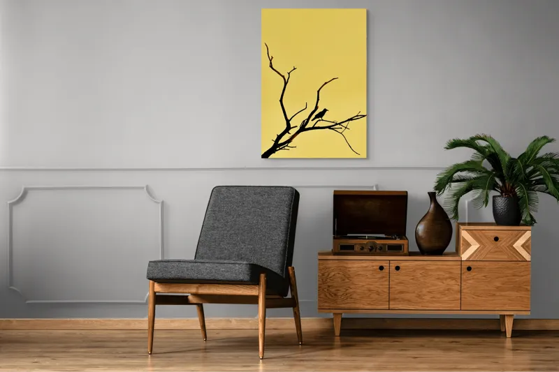 Tablou Canvas, "Corbul solitar pe ramură uscată", Negru, Ramură, Siluetă, Păsăre, Cer, Galben, Contrast, Minimalism, Natură, Apus, 70 x 100 cm – poza 6