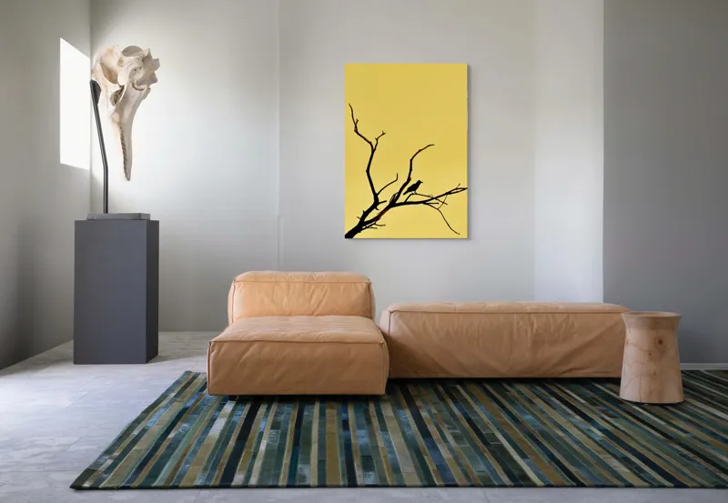 Tablou Canvas, "Corbul solitar pe ramură uscată", Negru, Ramură, Siluetă, Păsăre, Cer, Galben, Contrast, Minimalism, Natură, Apus, 70 x 100 cm – poza 7