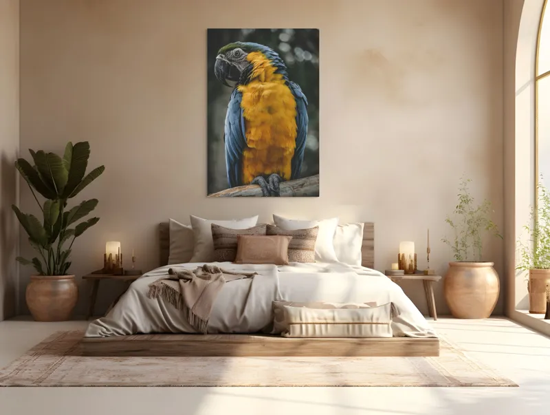 Tablou Canvas, "Curcubeul penelor de papagal", Papagal, Penaj, Colorat, Natură, Exotism, Ramură, Privire, Detaliu, Frumusețe, Tropical, 100 x 150 cm – poza 3