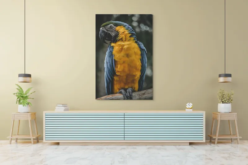 Tablou Canvas, "Curcubeul penelor de papagal", Papagal, Penaj, Colorat, Natură, Exotism, Ramură, Privire, Detaliu, Frumusețe, Tropical, 100 x 150 cm – poza 4