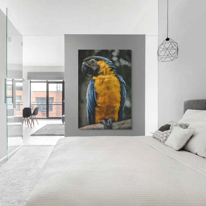 Tablou Canvas, "Curcubeul penelor de papagal", Papagal, Penaj, Colorat, Natură, Exotism, Ramură, Privire, Detaliu, Frumusețe, Tropical, 100 x 150 cm – poza 5