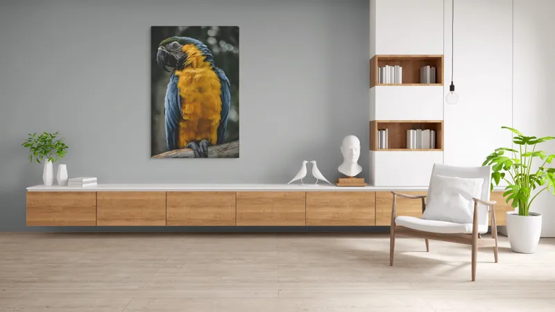 Tablou Canvas, "Curcubeul penelor de papagal", Papagal, Penaj, Colorat, Natură, Exotism, Ramură, Privire, Detaliu, Frumusețe, Tropical, 100 x 150 cm – poza 8