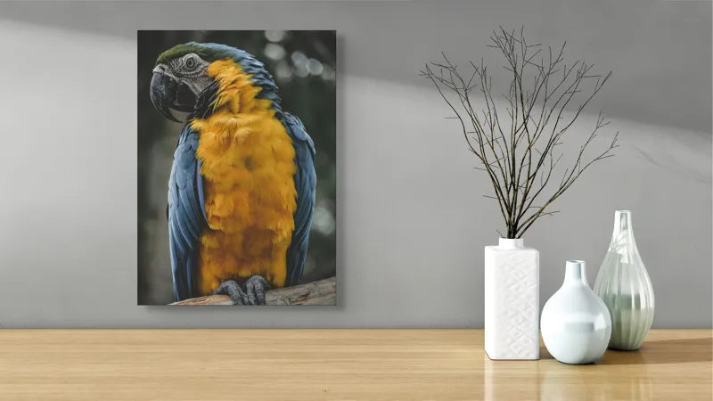 Tablou Canvas, "Curcubeul penelor de papagal", Papagal, Penaj, Colorat, Natură, Exotism, Ramură, Privire, Detaliu, Frumusețe, Tropical, 39 x 54 cm – poza 4