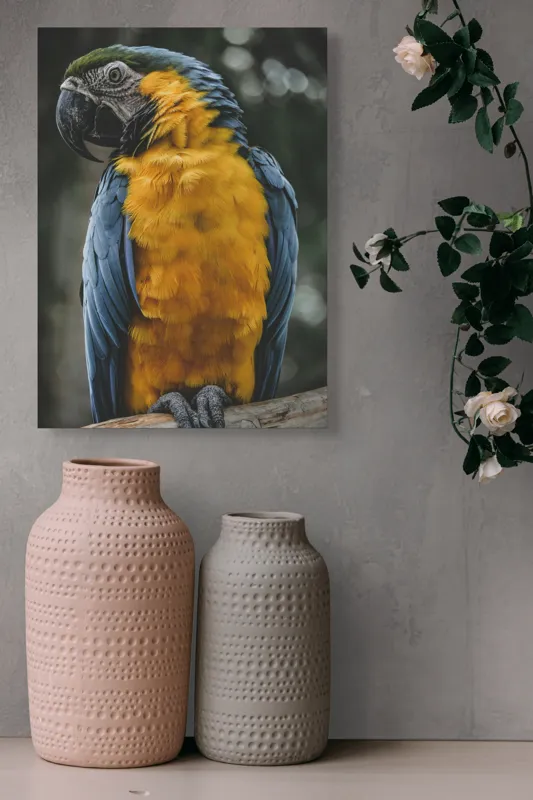 Tablou Canvas, "Curcubeul penelor de papagal", Papagal, Penaj, Colorat, Natură, Exotism, Ramură, Privire, Detaliu, Frumusețe, Tropical, 39 x 54 cm – poza 6